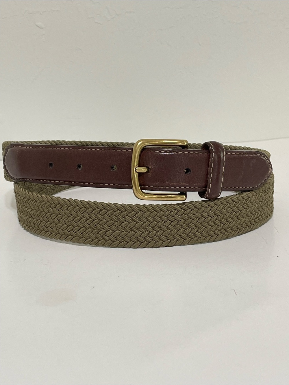 VTG Lands End Olive Green Stretch Belt Leather Trim Solid Brass Buckle Size 44